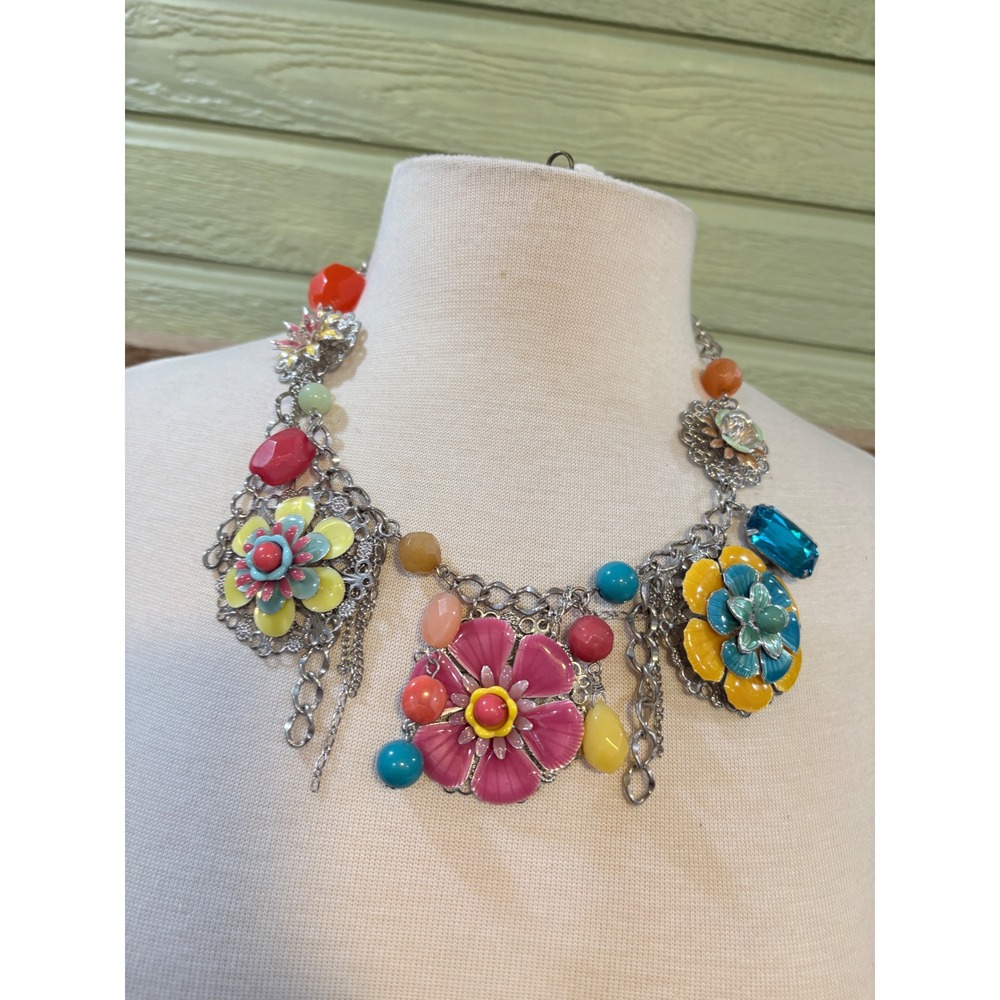 Multicolor Enamel Flower Statement Bib Necklace Silver Tone Resin